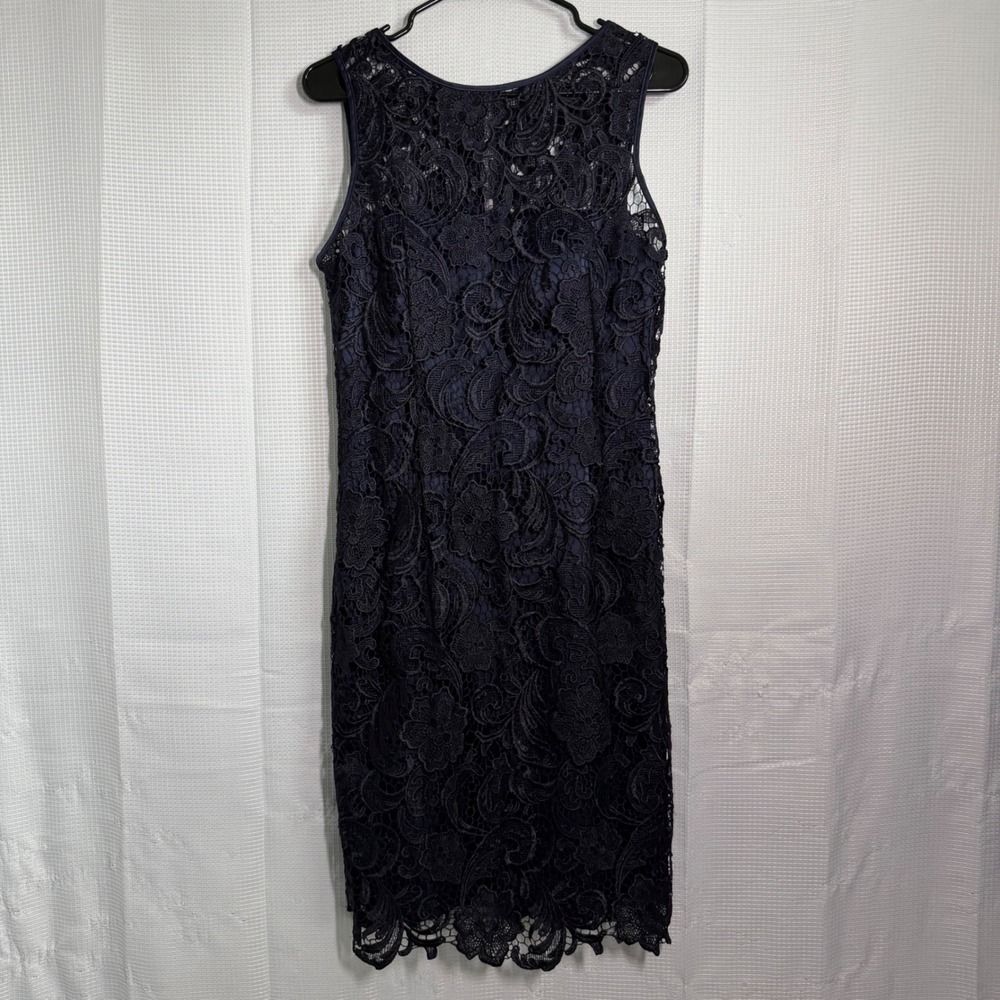 Adrianna Papell Sheath Dress Navy Blue Floral‎ Lace Sleeveless Cocktail Elegant